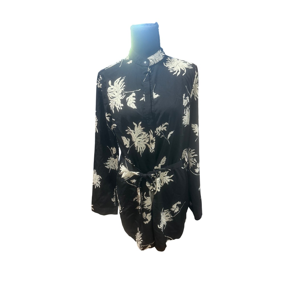 Missguided Black White Floral Long Sleeve Belted Romper US 10 Mandarin Collar